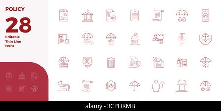 Streamlined set of 28 vector icons for Policy in Thin Line aesthetic, featuring 128x128 PIXEL perfect resolution for seamless user experiences. Stock Vector