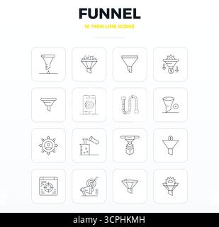 Refined bundle featuring 16 Thin Outline vector icons for Funnel, optimized with 128x128 PIXEL perfect quality for elegant and functional design solut Stock Vector