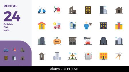 Precision-engineered 24 Flat vector icons for Rental, designed at 128x128 PIXEL perfect resolution for exceptional clarity and scalability. Stock Vector