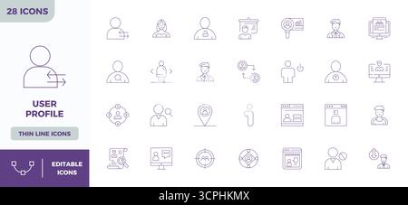 This collection features 28 Minimal Line PIXEL perfect vector icons tailored to the User Profile theme, optimized in 128x128 format for digital design Stock Vector