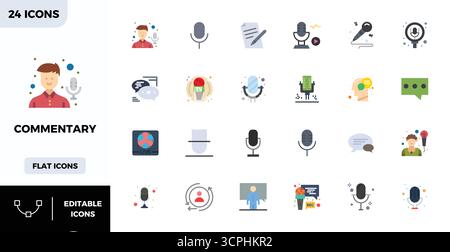 State-of-the-art bundle featuring 24 PIXEL perfect vector icons inspired by Commentary, created in Flat Color format at 128x128 for next-generation in Stock Vector