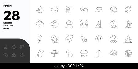 Collection of 28 Thin Line PIXEL perfect vector icons for Rain, designed in 128x128 format for clarity and versatility. Stock Vector