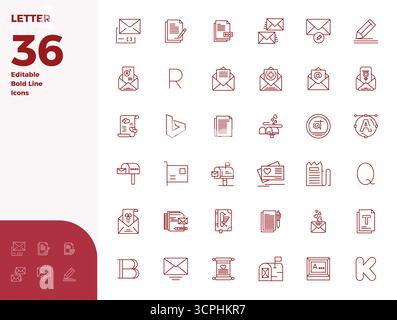 A clean collection of 36 Bold Line vector icons representing Letter, designed in 128x128 PIXEL perfect format for modern dashboards and interfaces. Stock Vector