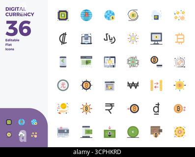 Discover a set of 36 Flat vector icons crafted for the Digital Currency theme, featuring 128x128 PIXEL perfect designs ideal for modern UI/UX projects Stock Vector