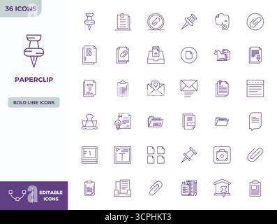 Precision-engineered 36 Heavy Line vector icons for Paperclip, designed at 128x128 PIXEL perfect resolution for exceptional clarity and scalability. Stock Vector