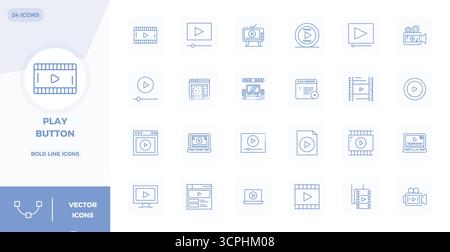 A clean collection of 24 Bold Line vector icons representing Play Button, designed in 128x128 PIXEL perfect format for modern dashboards and interface Stock Vector