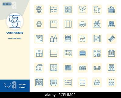Precision-engineered 36 Bold Line vector icons for Containers, designed at 128x128 PIXEL perfect resolution for exceptional clarity and scalability. Stock Vector