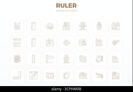 Strategic bundle featuring 28 vector icons representing Ruler in Thin Outline format, optimized with 128x128 PIXEL perfect quality for professional wo Stock Vector