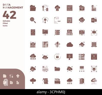 Carefully curated 42 Glyph Filled vector icons for Data Management, featuring 128x128 PIXEL perfect resolution for consistent brand representation and Stock Vector