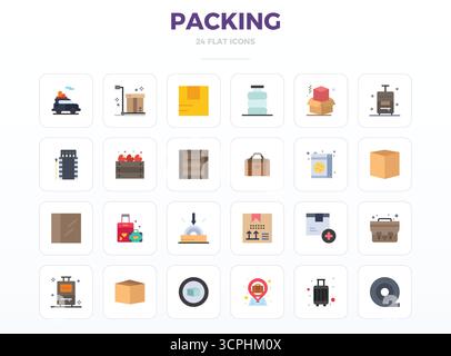 Industry-leading pack of 24 Minimal Flat PIXEL perfect vector icons for Packing, sized at 128x128 for optimal rendering and user interface excellence. Stock Vector