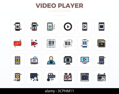 Future-ready pack of 24 vector icons themed around Video Player, showcasing LineFill design with 128x128 PIXEL perfect clarity for innovative user int Stock Vector