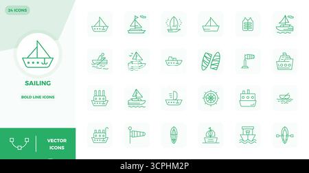 Future-ready pack of 24 vector icons themed around Sailing, showcasing Bold Line design with 128x128 PIXEL perfect clarity for innovative user interfa Stock Vector