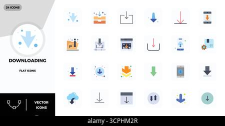 Complete package of 24 vector icons themed around Downloading, showcasing Flat design in 128x128 PIXEL perfect quality for modern interfaces. Stock Vector