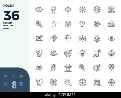 Essential pack of 36 PIXEL perfect vector icons for Focus in Bold Line format, sized at 128x128 for optimal performance and scalability. Stock Vector