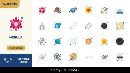 Enhance your projects with 24 Flat Color vector icons themed around Nebula, featuring 128x128 PIXEL perfect resolution ideal for clean and professiona Stock Vector