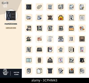 A versatile set of 42 LineFilled PIXEL perfect vector icons focused on Paperwork, delivered in crisp 128x128 format ideal for mobile and web applicati Stock Vector