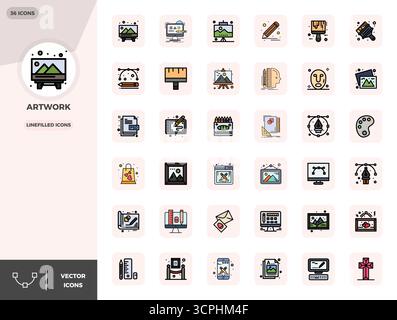 Revolutionary set of 36 PIXEL perfect vector icons inspired by Artwork, created in LineFilled format at 128x128 resolution for cutting-edge design. Stock Vector
