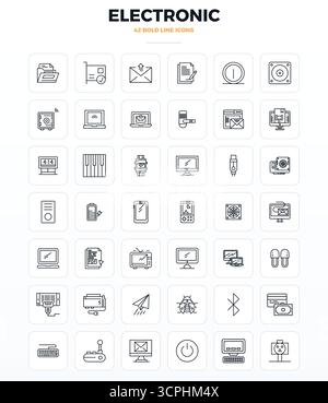 This Electronic vector icon pack includes 42 Strong Outline designs in 128x128 PIXEL perfect format, perfect for enhancing digital interfaces. Stock Vector