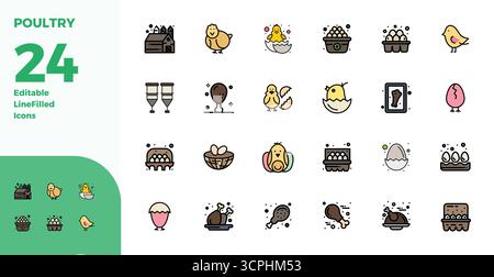Revolutionary set of 24 PIXEL perfect vector icons inspired by Poultry, created in Duotone format at 128x128 resolution for cutting-edge design. Stock Vector