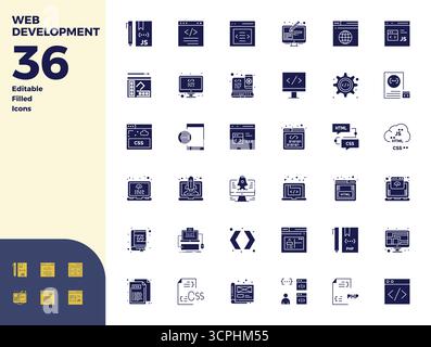 Handcrafted collection featuring 36 Glyph Filled vector icons for Web Development, optimized in 128x128 PIXEL perfect resolution for premium digital e Stock Vector