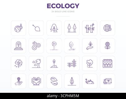 Revolutionary set of 24 PIXEL perfect vector icons inspired by Ecology, created in Strong Outline format at 128x128 resolution for cutting-edge design Stock Vector