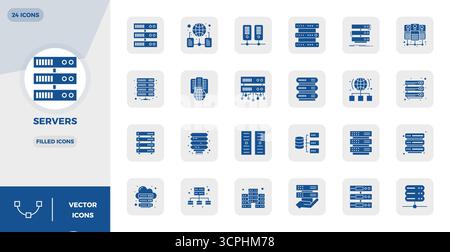 Unlock 24 Filled PIXEL perfect vector icons inspired by Servers, optimized in 128x128 format for flawless display across all devices. Stock Vector