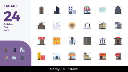 Download 24 scalable Flat vector icons designed for Facade, featuring PIXEL perfect 128x128 resolution suitable for professional and creative projects Stock Vector