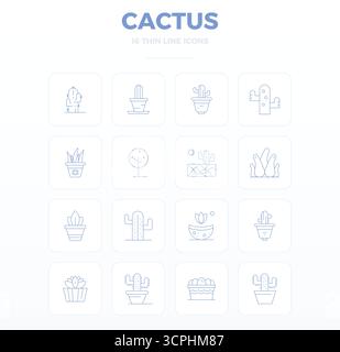 Transform your designs with 16 Thin Outline vector icons themed around Cactus, engineered in 128x128 PIXEL perfect resolution for maximum clarity. Stock Vector