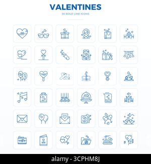 Sophisticated bundle of 36 Strong Outline vector icons for Valentines, engineered with 128x128 PIXEL perfect clarity for professional applications. Stock Vector