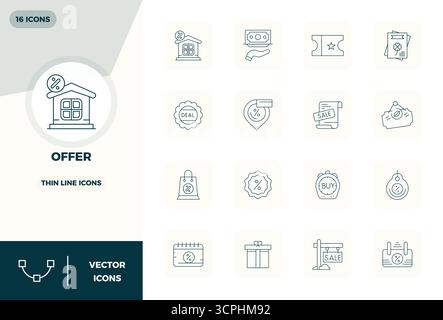 Strategic bundle featuring 16 vector icons representing Offer in Thin Line format, optimized with 128x128 PIXEL perfect quality for professional workf Stock Vector