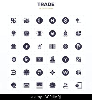 Masterfully created 36 vector icons representing Trade in SolidFill design, featuring 128x128 PIXEL perfect resolution for exceptional visual quality. Stock Vector