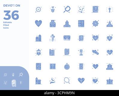 This set of 36 Glyph Filled vector icons captures Devotion themes in 128x128 PIXEL perfect quality, perfect for tech and business applications. Stock Vector