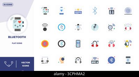 Streamlined set of 24 vector icons for Bluetooth in Flat aesthetic, featuring 128x128 PIXEL perfect resolution for seamless user experiences. Stock Vector