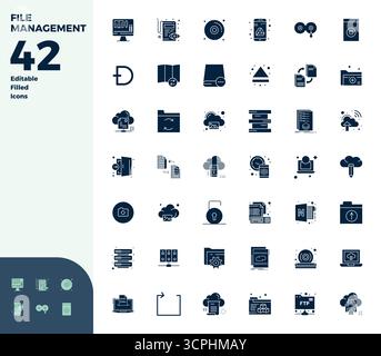 Professional-grade collection of 42 Glyph Filled vector icons representing File Management, crafted with 128x128 PIXEL perfect precision for enterpris Stock Vector