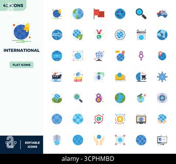 A versatile set of 42 Flat Color PIXEL perfect vector icons focused on International, delivered in crisp 128x128 format ideal for mobile and web appli Stock Vector