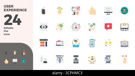 Masterfully created 24 vector icons representing User Experience in Flat design, featuring 128x128 PIXEL perfect resolution for exceptional visual qua Stock Vector