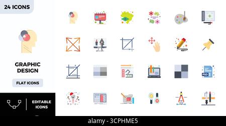 Transform your designs with 24 Flat Color vector icons themed around Graphic Design, engineered in 128x128 PIXEL perfect resolution for maximum clarit Stock Vector