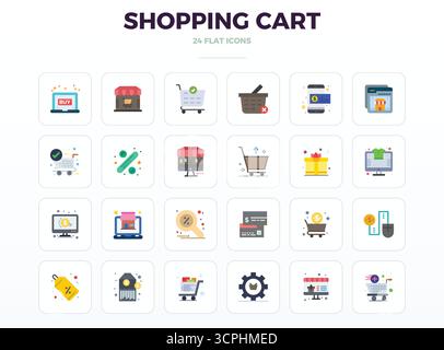 Essential pack of 24 PIXEL perfect vector icons for Shopping Cart in Minimal Flat format, sized at 128x128 for optimal performance and scalability. Stock Vector