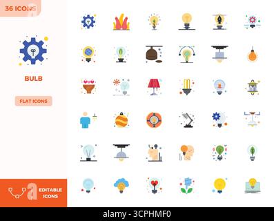 Transform your designs with 36 Flat Color vector icons themed around Bulb, engineered in 128x128 PIXEL perfect resolution for maximum clarity. Stock Vector