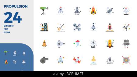 This Propulsion vector icon pack includes 24 Flat designs in 128x128 PIXEL perfect format, perfect for enhancing digital interfaces. Stock Vector
