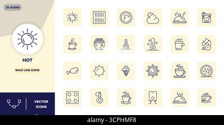 Vector pack with 24 Bold Line PIXEL perfect icons inspired by Hot, delivered in 128x128 resolution ideal for scalable and creative design work. Stock Vector