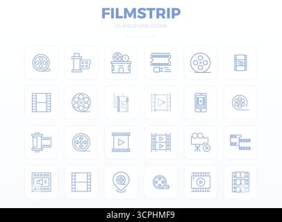 Precision-engineered 24 Strong Outline vector icons for Filmstrip, designed at 128x128 PIXEL perfect resolution for exceptional clarity and scalabilit Stock Vector