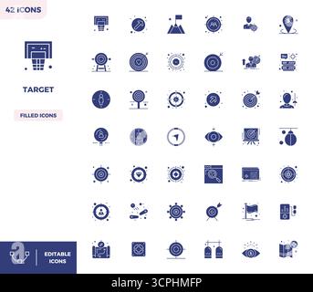 Set of 42 Filled PIXEL perfect vector icons themed around Target, crafted in 128x128 resolution for seamless integration in apps and websites. Stock Vector