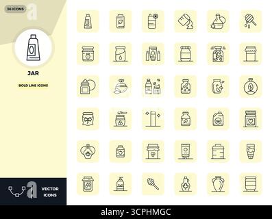 Explore 36 Bold Line PIXEL perfect vector icons in 128x128 resolution inspired by Jar. Perfect for web and app interfaces. Stock Vector