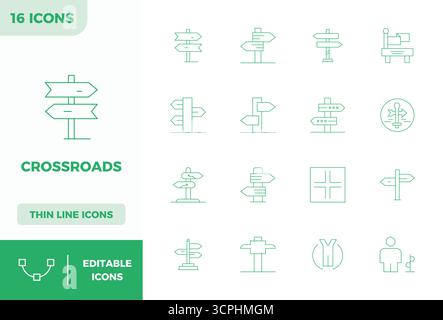 Complete package of 16 vector icons themed around Crossroads, showcasing Minimal Line design in 128x128 PIXEL perfect quality for modern interfaces. Stock Vector