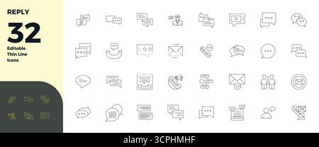 This set of 32 Thin Line vector icons captures Reply themes in 128x128 PIXEL perfect quality, perfect for tech and business applications. Stock Vector