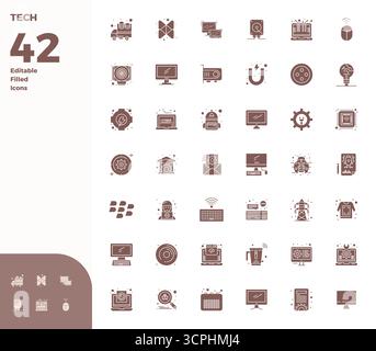 Ultimate collection of 42 vector icons representing Tech in Glyph Filled aesthetic, optimized with 128x128 PIXEL perfect resolution for maximum impact Stock Vector