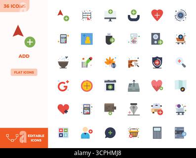 Carefully curated 36 Flat Color vector icons for Add, featuring 128x128 PIXEL perfect resolution for consistent brand representation and user experien Stock Vector