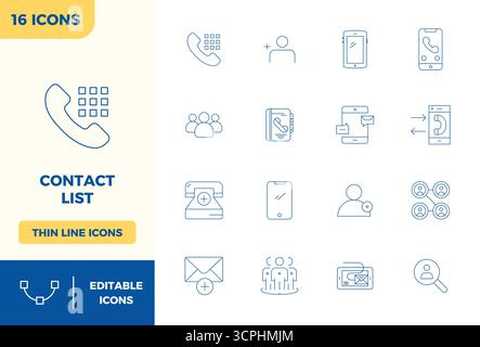 Refined bundle featuring 16 Minimal Line vector icons for Contact List, optimized with 128x128 PIXEL perfect quality for elegant and functional design Stock Vector