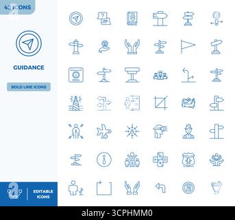 Strategic bundle featuring 42 vector icons representing Guidance in Heavy Line format, optimized with 128x128 PIXEL perfect quality for professional w Stock Vector